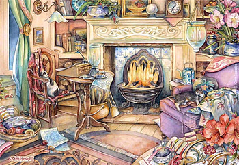 Fireplace., chair, painting, flower, cat, fireplace HD wallpaper
