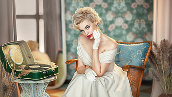 Blonde Anastasia Barmina Girl Model Is Sitting On Chair Wearing White Dress Girls HD wallpaper