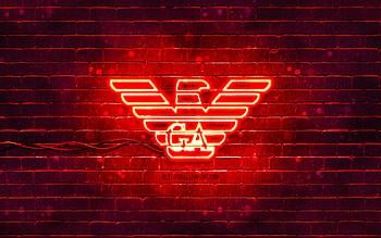 Armani red logo, , red brickwall, Armani logo, brands, Armani neon logo, Armani HD wallpaper