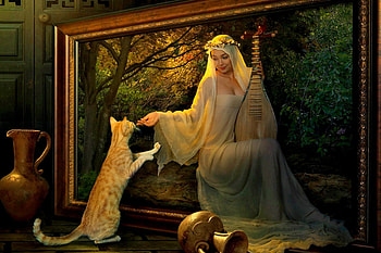 To See the Truth, magic, painting, fantasy, eastern, women, cat HD wallpaper
