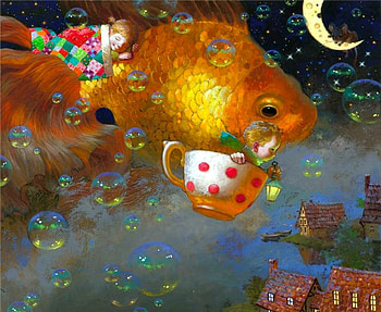 Dreaming, golden, art, cup, orange, copil, painting, fantasy, pictura, victor nizovtsev, fish, luminos, bubbles, dream, child HD wallpaper