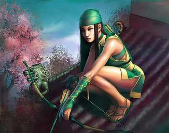Green Archeress, bandana, rooftop, archer, gloves, long hair, weapon, trees, arrow, kunoichi, bow, female HD wallpaper