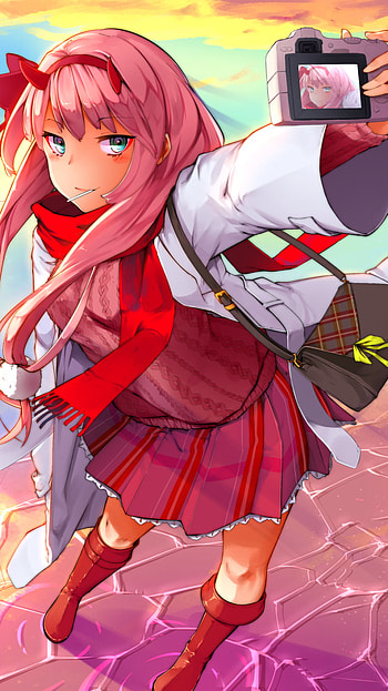 Zero Two, water, coat, skirt, scarf, camera, horns, green eyes, pink hair, long hair, Zero Two (Darling in the FranXX), Anime, Darling in the FranXX HD phone wallpaper