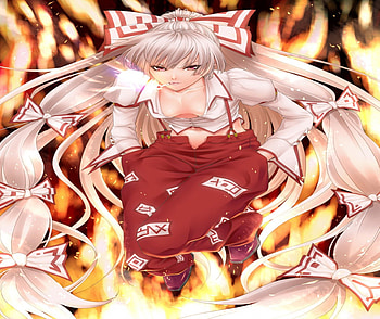 Fujiwara No Mokou, boob, smoking, no bra, long hair, mad, sliver hair, pony tails, female, bow, breasts, sexy, hands in packets, ribbon, hot, anime girl, cool, touhou, hair bow, fire, hair ribbon, cigarette HD wallpaper