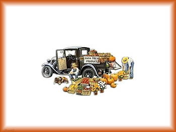 Fall Fruit Stand, dog, selling, old car, boy, man, fruit, road, vegatables HD wallpaper