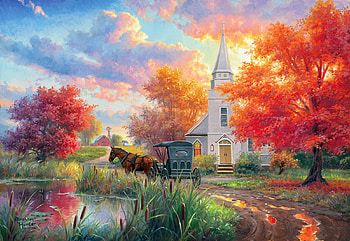Sunday Morning, artwork, coach, horse, painting, trees, autumn, church, pond HD wallpaper