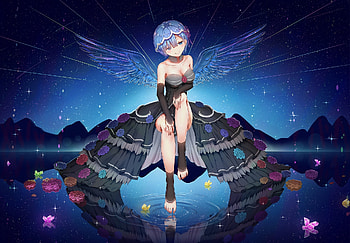 Angel, blue, wings, girl, re zero, reflection, anime, fantasy, flower, water, manga HD wallpaper