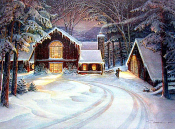 Village in Winter, artwork, painting, path, snow, trees, houses, ice HD wallpaper