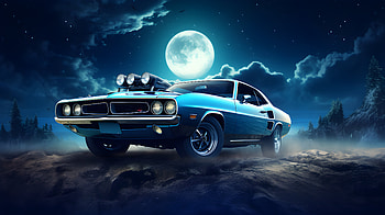 Muscle Car Moonlight - Ultra, AI Art, blue car, vehicle, muscle car, full moon HD wallpaper