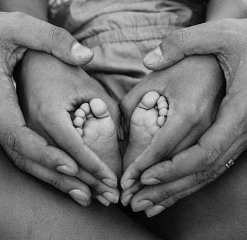 Black and white of adult hands cradling baby feet, symbolizing family love and connection. HD wallpaper