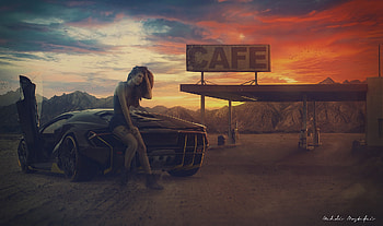 Girls & Cars, Women, Gas Station, Lamborghini, Sunset HD wallpaper