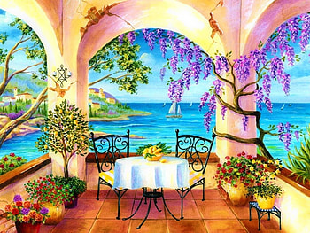 Summer Terrace, Terrace, View, pretty, Art HD wallpaper