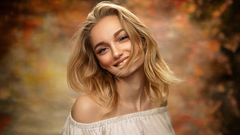 Smiley Blonde Girl Model Is Standing In Blur Background Wearing White Dress Girls HD wallpaper