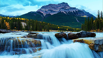 Athabasca Falls, Jasper NP, Alberta, river, clouds, sky, rocks, mountains, canada HD wallpaper