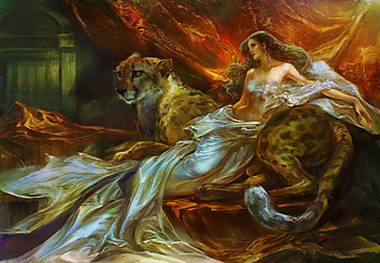 Girl with cheetah, odalisque, frumusete, art, big cat, gorgeous, girl, cat, superb, rongrong wang, pisici, fantasy, cheetah, luminos HD wallpaper