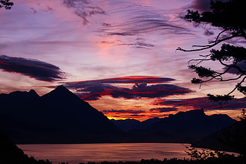 Nature, Sunset, Sky, Mountains, Clouds, Branches HD wallpaper