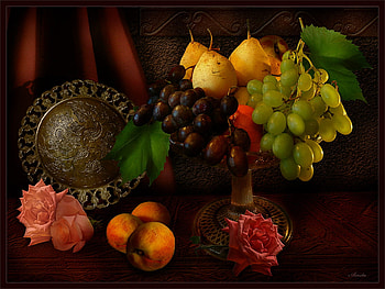 Fruit and Rose, rose, still life, graphy, art, fruit, nice HD wallpaper