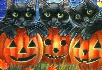 Triple on Halloween, black cats, cats, paintings, love four seasons, halloween, leaves, holiday, animals, autumn, fall season HD wallpaper