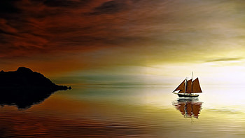 Ship at Sea, boat, sea, ship, Firefox Persona theme, rock, schooner, reflection, light, sailing ship, sky, cliff, sunset HD wallpaper