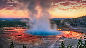 grand prismatic spring, hotwater, hotspring, yellowstone, sunset, park, usa HD wallpaper