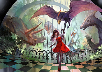 Prehistoric, cute, zoo, dress, beauty, nice, history, female, sexy, sweet, dinosaur, hot, girl, beautiful, monster, cage, anime girl, anime, pretty, creature, gown, lovely HD wallpaper
