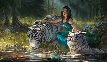 Queen of the Tigers, fantasy, art, digital, , girl, tigers HD wallpaper
