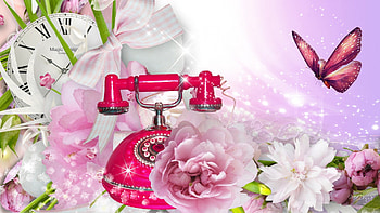 Peonies of Time, peonies, floral, pink, leaves, butterfly, time, tele, flowers, clock, fleurs HD wallpaper