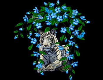 Spring tiger, stripes, tiger, black background, black and white, blue flowers HD wallpaper