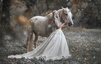 Princess and unicorn, unicorn, girl, cal, princess, dress, animal, white, horse, model, woman, marketa novak HD wallpaper