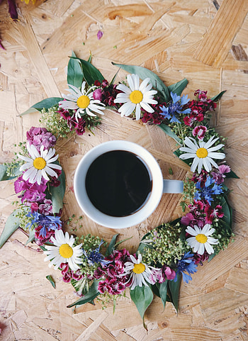 Flowers, Food, Coffee, Cup, Surface, Wreath HD phone wallpaper