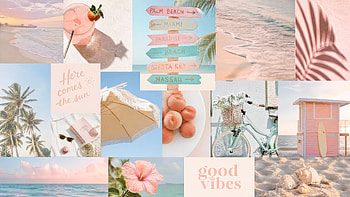 Sunlit Pastel Summer —, Beach, Bicycle, Umbrella, Seashell, Hibiscus HD wallpaper