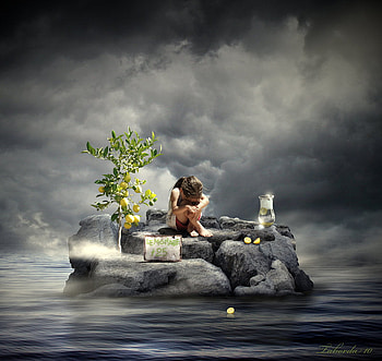A sea of dreams, island, sea, lemons, girl, lonely, rocks, stones, tree, clouds, sky HD wallpaper