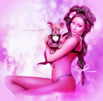 ~Lovely Puppy~, dog, colorful, beautiful girls, puppies, digital art, bow, weird things people wear, backgrounds, creative pre-made, puppy, pink, fantasy, manipulation, softness beauty, girls, women, lovely, model female, hair HD wallpaper