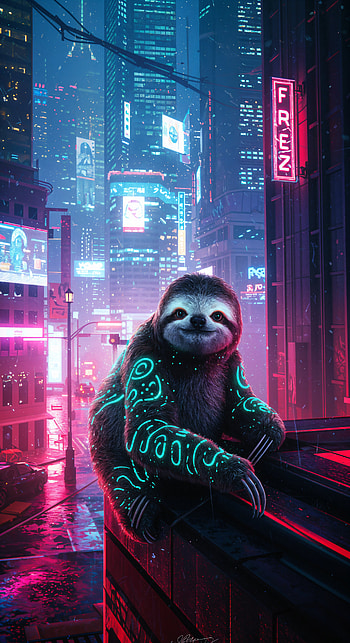 Neon Sloth: A Vibrant for Your Screen, neon, cityscape, cyberpunk, glow HD phone wallpaper