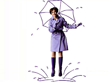 Zooey Deschanel, coat, umbrella, brunette, deschanel, zooey, puddle, purple, boots HD wallpaper