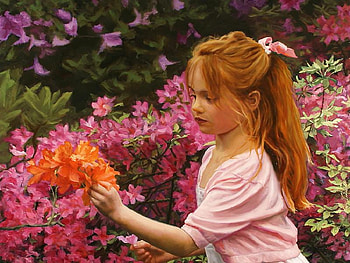 Flowers for Mom, little girl, bushels, art, pink jacket, red hair, white dress, painting, flowers, bow HD wallpaper
