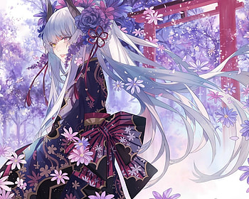 Girl, blue, kanekiru, pink, anime, flower, manga, lilac HD wallpaper