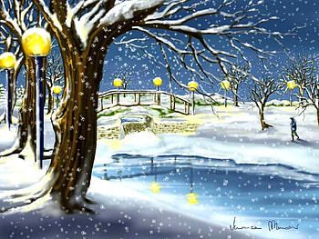 Winter Park, winter, holidays, dry trees, attractions in dreams, lamps, paintings, parks, love four seasons, snow, xmas and new year, bridges HD wallpaper