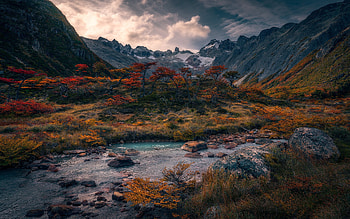 Andes, Patagonia, mountain river, evening, sunset, mountain landscape, rocks, Chile HD wallpaper