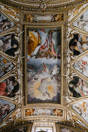 Intricate baroque frescoes on basilica ceiling in Rome, capturing religious artistry. HD phone wallpaper