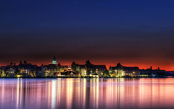 Cities, Sunset, Clouds, Shore, Bank, Disney World HD wallpaper