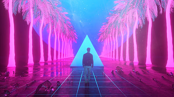 Palm trees alley, blue, palm tree, pink, fantasy, man, mike winkelmann, luminos, synthpop HD wallpaper