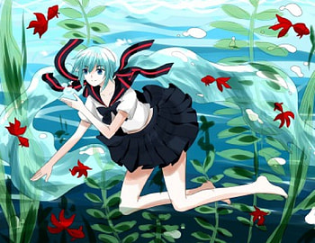 Bottle Miku, cute, vocaloid, twin tails, long hair, miku, vocaloids, hatsune, twintails, underwater, fish, water, female, sexy, hatsune miku, twintail, hot, girl, bottle, anime girl, anime, aqua hair, twin tail HD wallpaper
