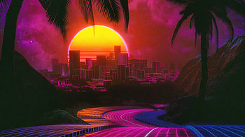 Outrun, road to city, night, digital art HD wallpaper