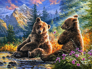two little bears, bears, mountains, painting, animals HD wallpaper