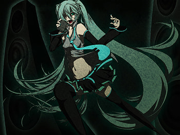 Dark Miku, black, awesome, heads, vocaloid, bass, beauty, nice, miku, music, vocaloids, hatsune, thighhighs, skirt, blue eyes, hatsune miku, twintail, blue hair, headset, beautiful, dark, tie, anime, cool, idol, micro HD wallpaper