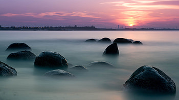 Sea Fog Stones Rocks Landscape View Of Trees Lights Buildings Clouds Blue Sky During Sunrise Nature HD wallpaper