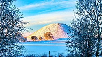 Silbury Hill Sunrise at Wiltshire, England, fence, winter, snow, trees, clouds, sky, uk HD wallpaper