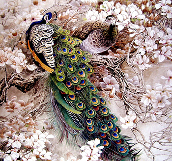 Peacocks, art, bird, paun, flower, pasari, spring, pracock, pink, painting, pictura HD wallpaper