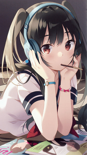 Blushing Bookworm: Brown-Eyed, Black-Haired Twintails with Heads ( ), blush, book, twintails, brown eyes, black hair, Anime, heads HD phone wallpaper
